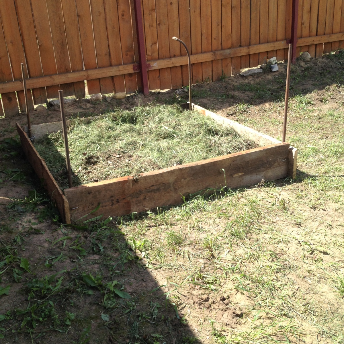 Решили сделать компостную яму и оказались правы - все лето в нее складывали скошенную траву и сорняки, обильно поливая водой. В итоге высота компоста составила всего около 30 см